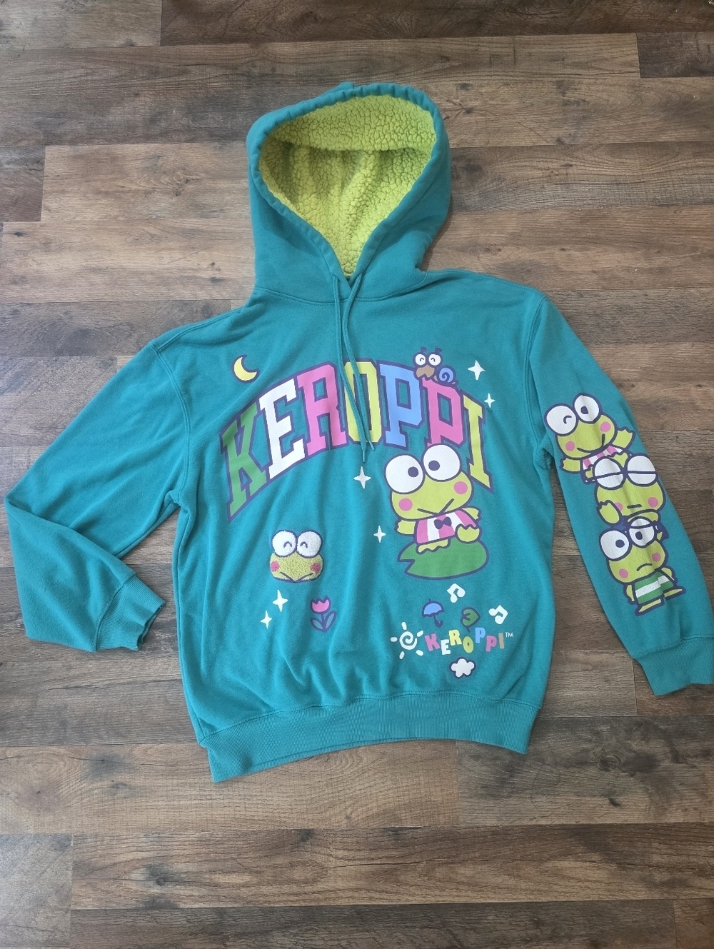 Sanrio Keroppi Crewneck Pullover Hooded Green Fuzzy Lined Sweatshirt Size Medium